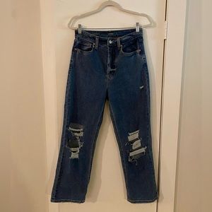 High rise ripped straight leg blue jeans